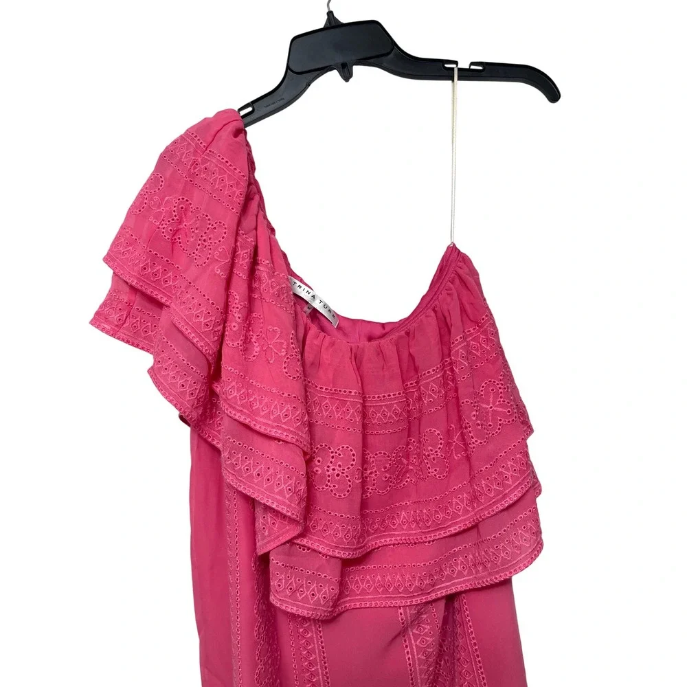 New‎ Trina Turk Phebe One Shoulder Eyelet Ruffle Mini Dress in Pink Size M